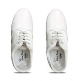 White Rexine school shoe, lace-up for boys on display stand